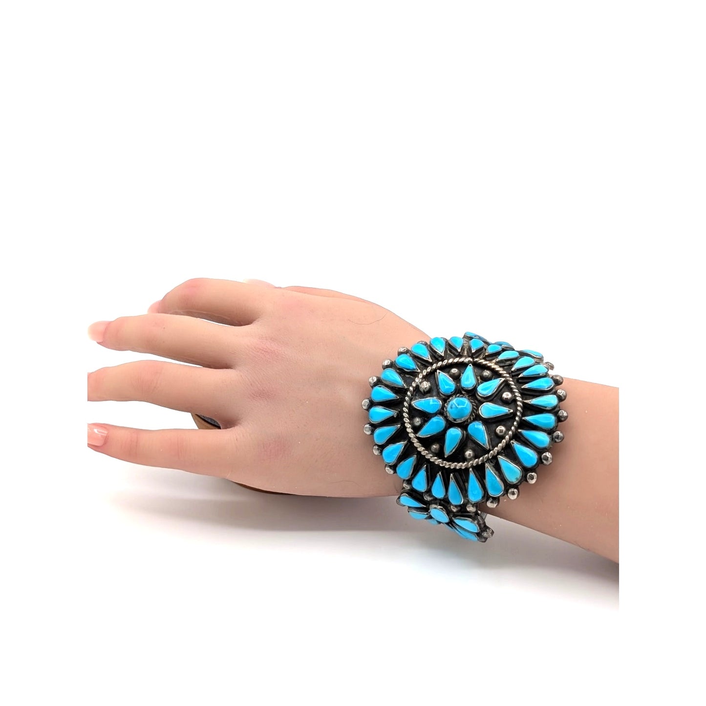 VTG Native ZUNI Sterling Silver TURQUOISE Flower Blossom Cuff Bracelet 92.34g