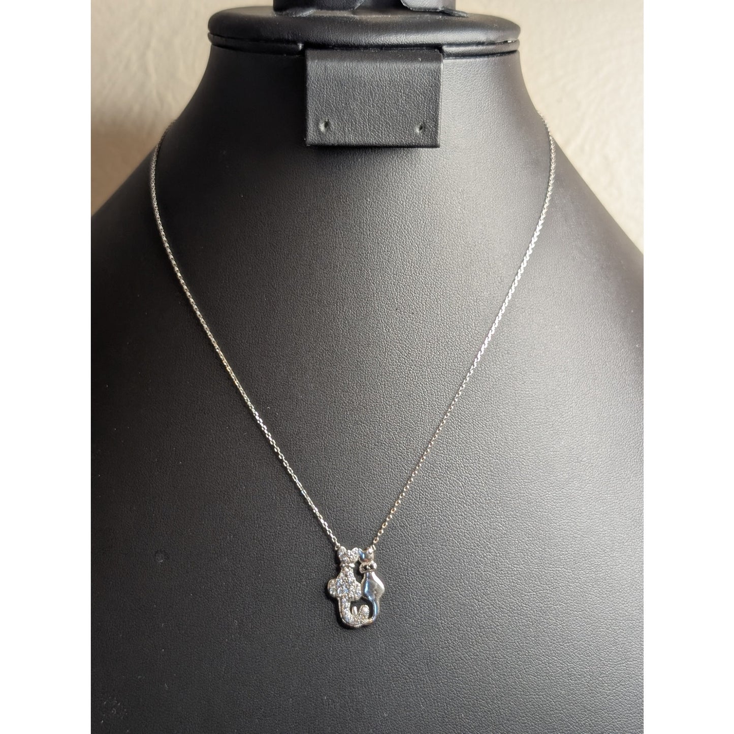 Dainty Twin Cats 925 Sterling Silver Crystal Pendant Chain 16"-18" Necklace