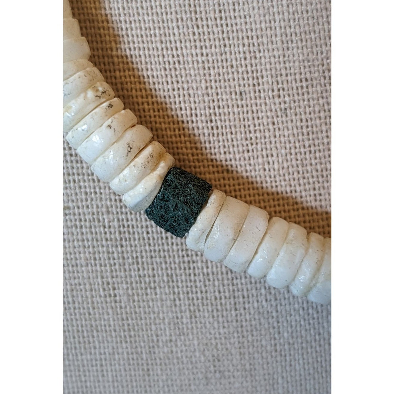 Vintage Puka Shell & Green Lava Stone Bead 15" Necklace