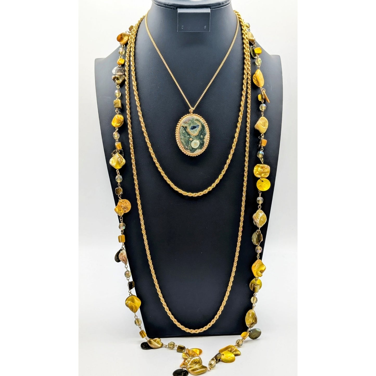 Lot of Four Gold Tone Green Yellow Necklaces