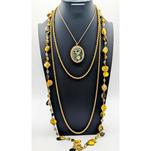 Lot of Four Gold Tone Green Yellow Necklaces