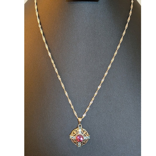 Vintage Santa Maria Aquamarine & Pink Topaz Sterling Filigree Necklace
