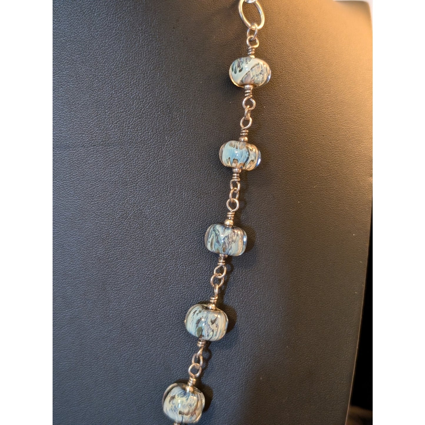 Signed 'Moon' Turquoise Brown Cream Striped Lampwork Bead Sterling Necklace