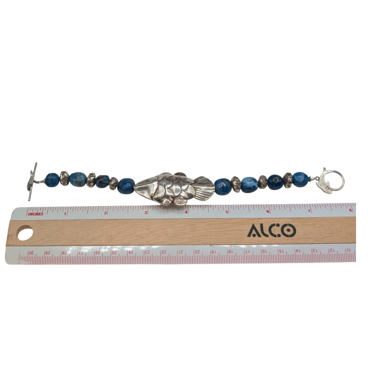 SS 925 Laura Stamped 7.5" Artisan Fish Bracelet w/Blue Accents & Toggle Clasp