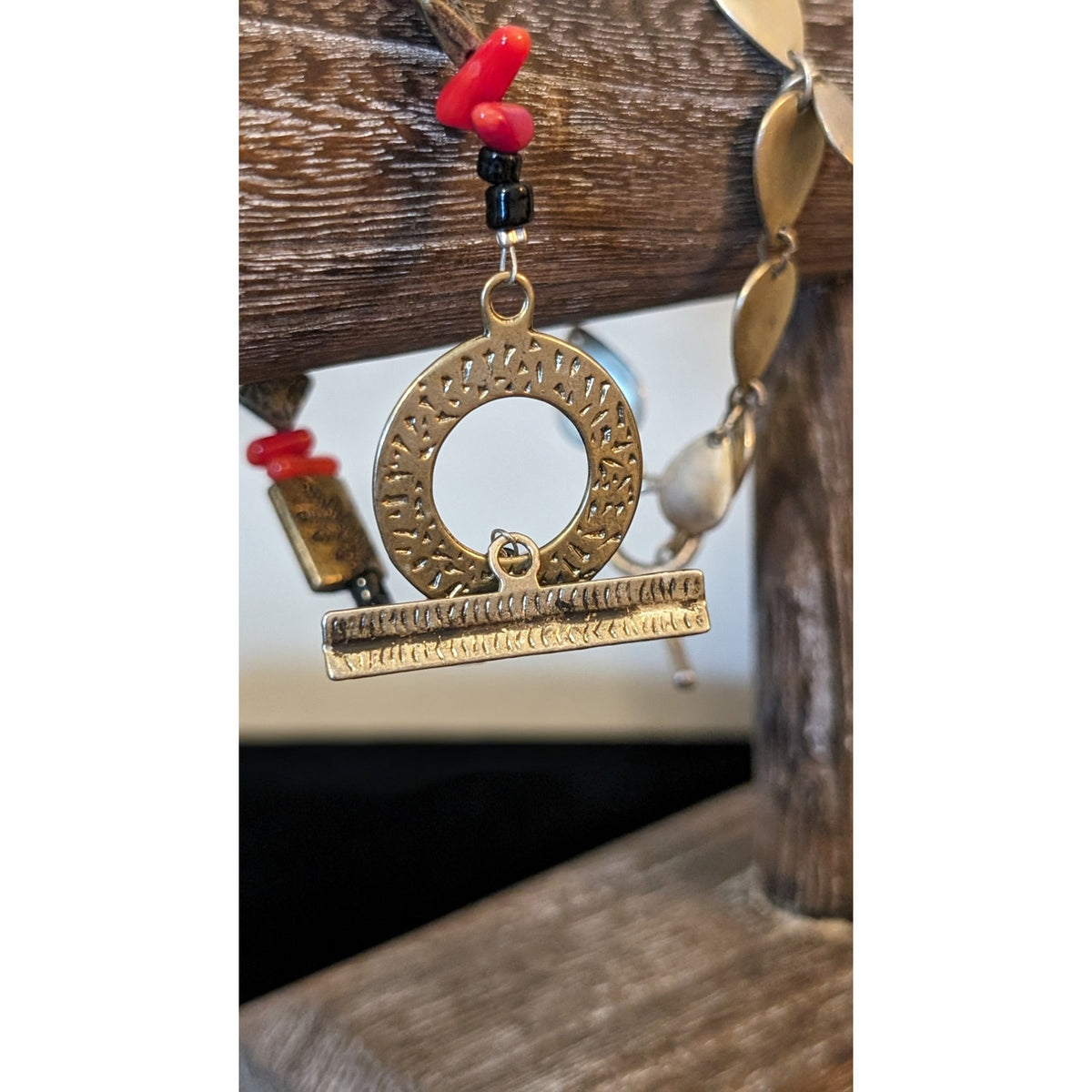 Lot of Two Bronze Tone Red Black Stone Toggle Clasp Bracelets