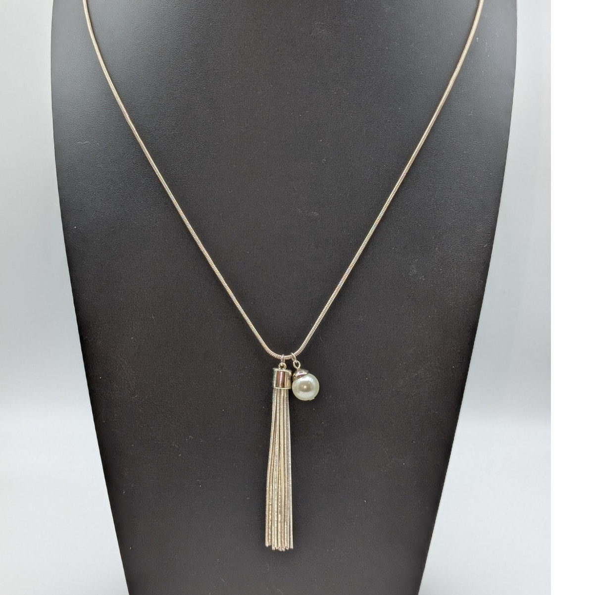 Silver Tone Snake Chain Faux Pearl Charm Tassel 34" Long Necklace