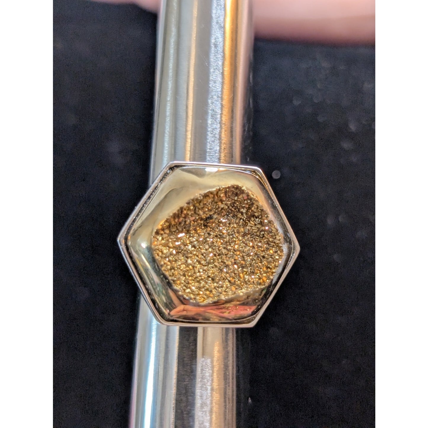 Chunky Hexagon Gold Druzy Quartz Two Tone Sterling Silver Ring Size 8