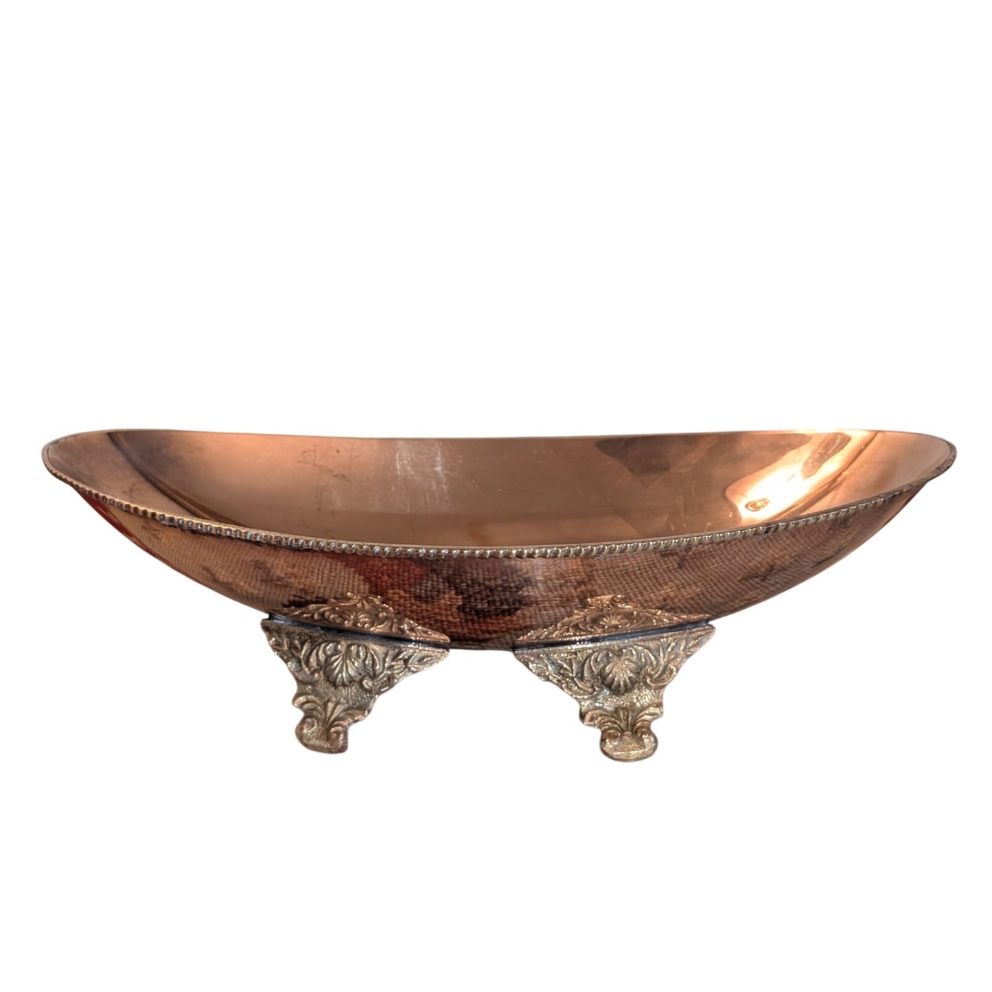 Vintage Elongated Copper Bowl W/ Ornate Brass Feet & Roped Edge