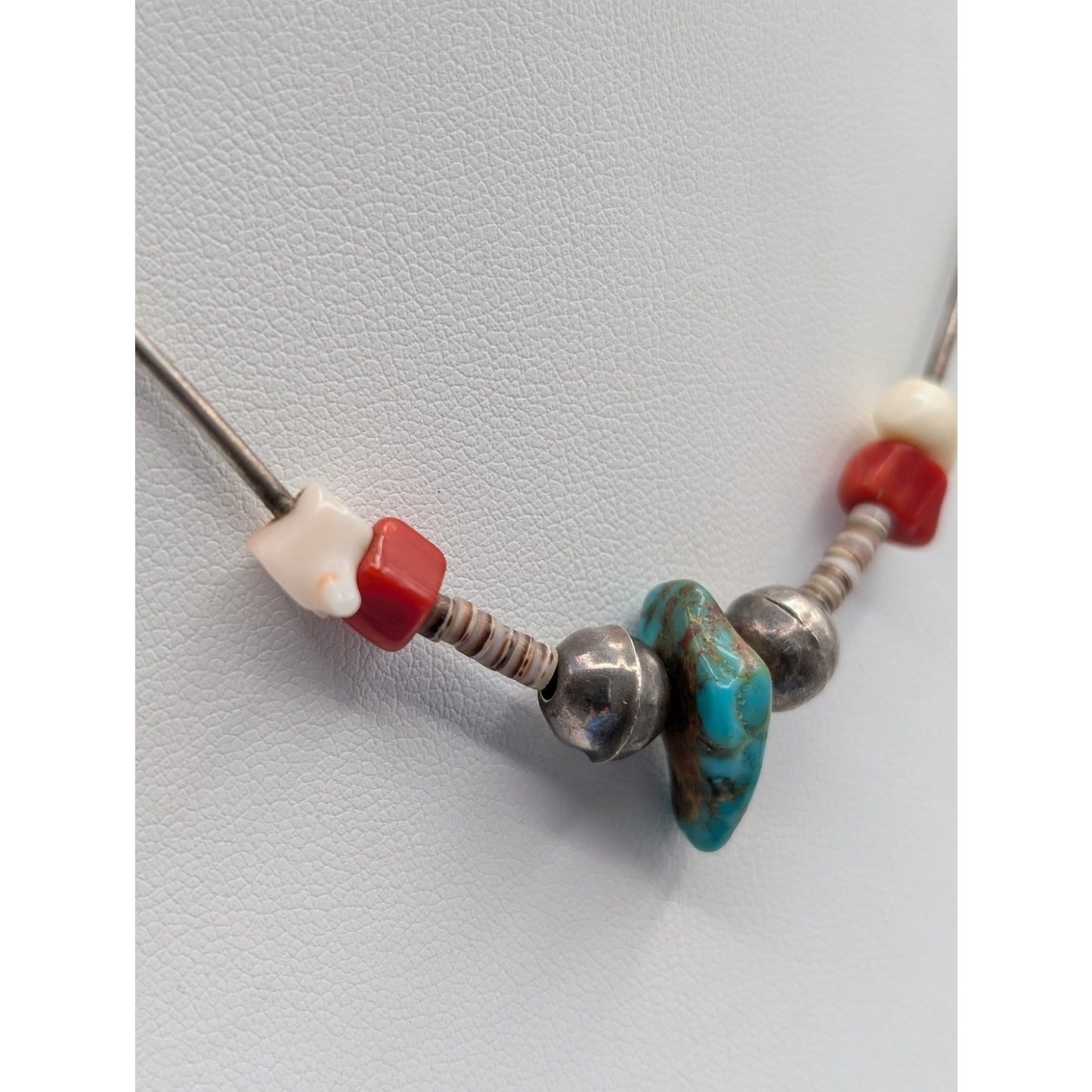 Vtg Liquid Sterling Turquoise Coral Carved Bird Heishi Bead Choker Necklace