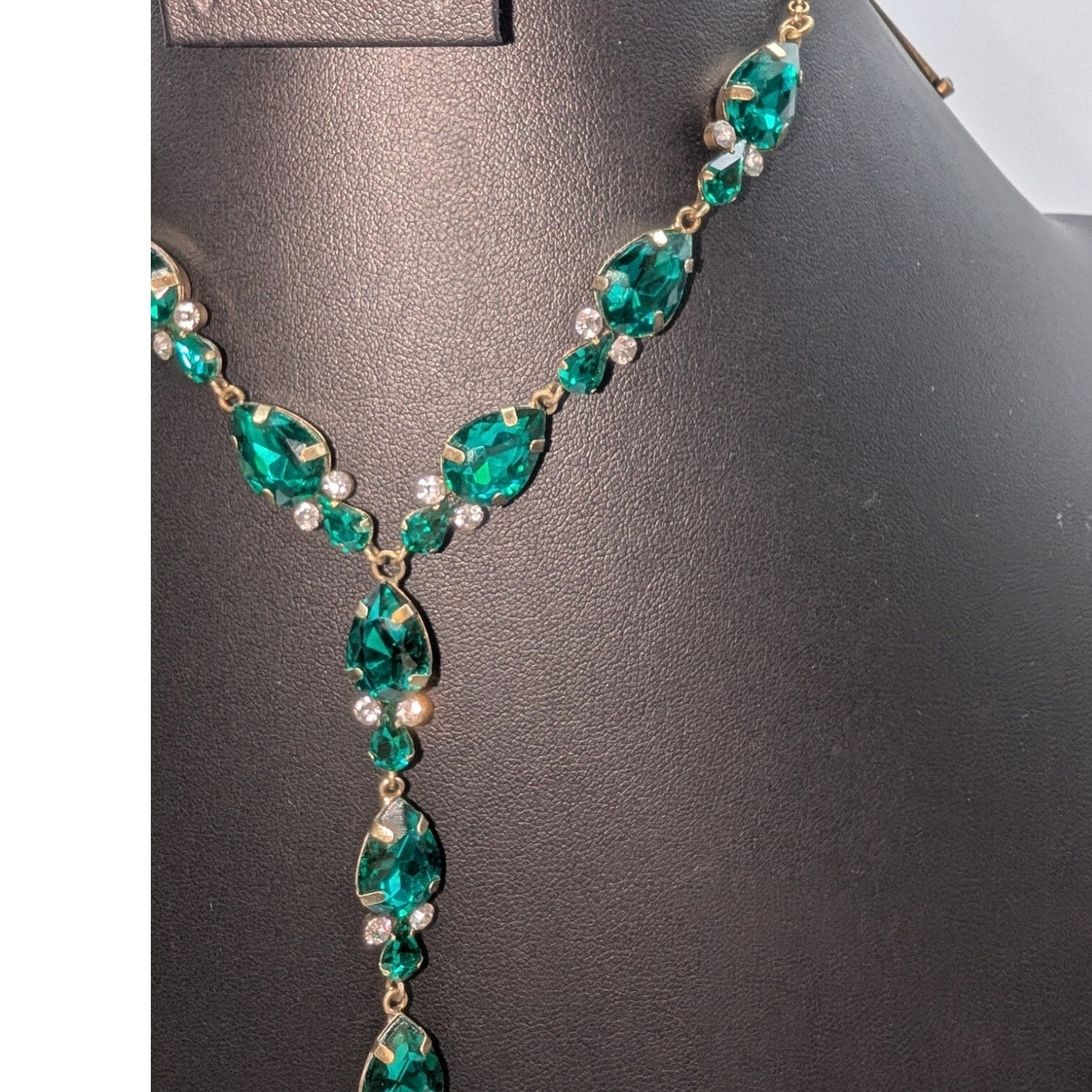 Sherri Hill Gold Tone Metal Green & Clear Rhinestone Long Y 15"-18" Necklace