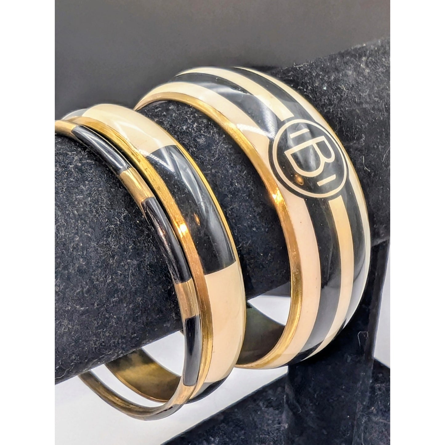 Set of Vintage Monogram 'B' Striped Black Cream Enamel Brass Bangle Bracelets