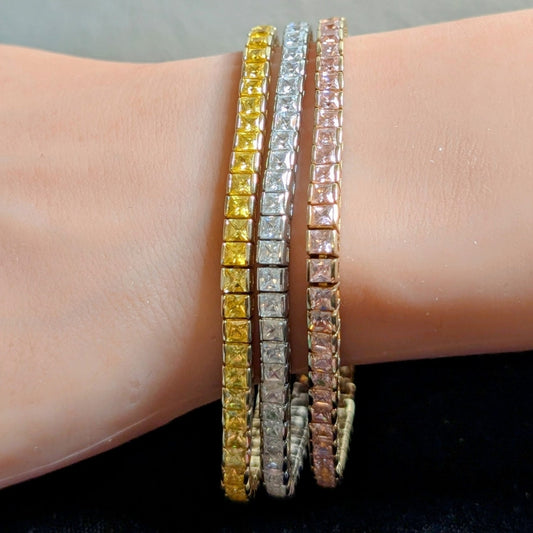 PJM 925 Sterling Pink Yellow Clear Princess Cut Three Strand Tennis Bracelet