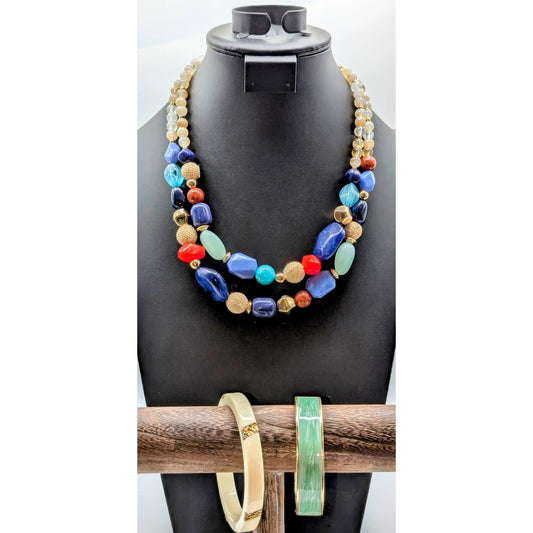 Multi-Colored Acrylic Double Strand Necklace & Two Coordinating Bangle Bracelets
