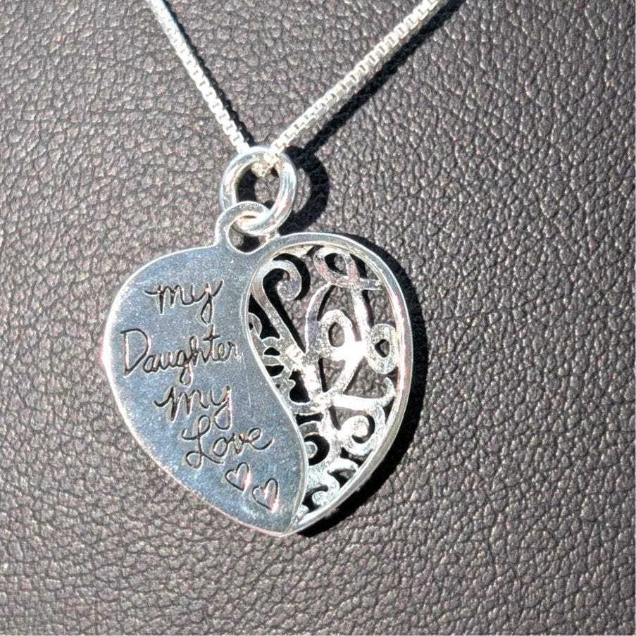 925 Sterling My Daughter My Love Filigree Love Heart Pendant Box Chain Necklace