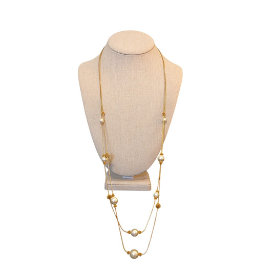 Vintage Double Gold Tone Chain Pearl and Coil Bead Necklace