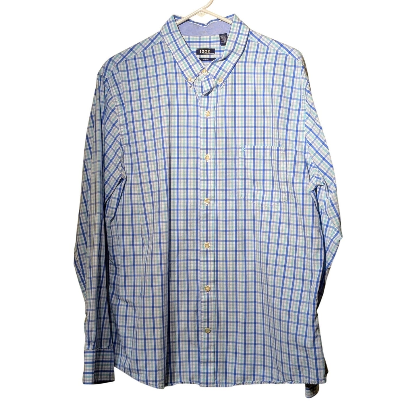 Izod Slim Fit Blue Green Plaid Cotton Button Down Long Sleeve Shirt Mens Sz XL