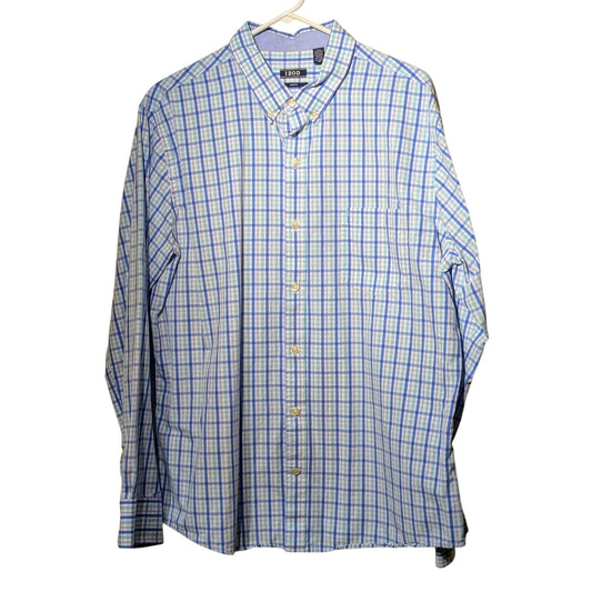 Izod Slim Fit Blue Green Plaid Cotton Button Down Long Sleeve Shirt Mens Sz XL