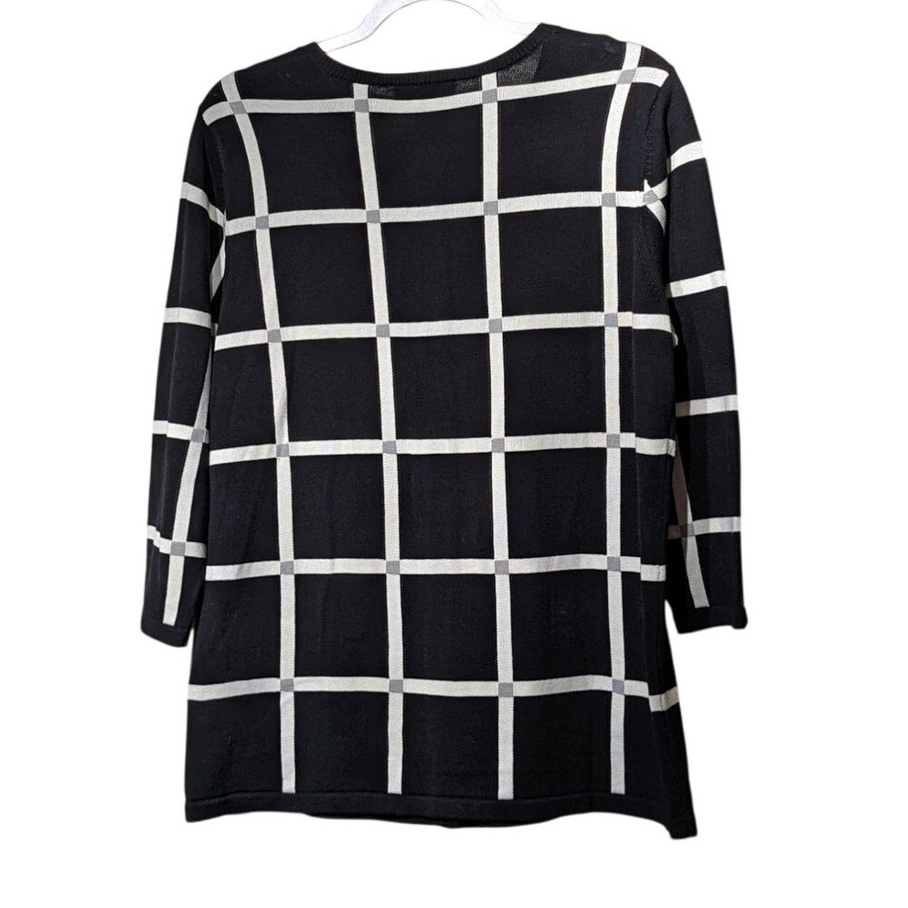 Coldwater Creek Black Cream Gray Plaid 3/4 Length Sleeve Cardigan Womens Sz L