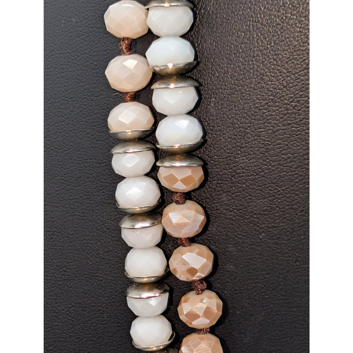 Long Strand Taupe Champagne Czech Milk Glass Silver Rondelle Bead Boho Necklace
