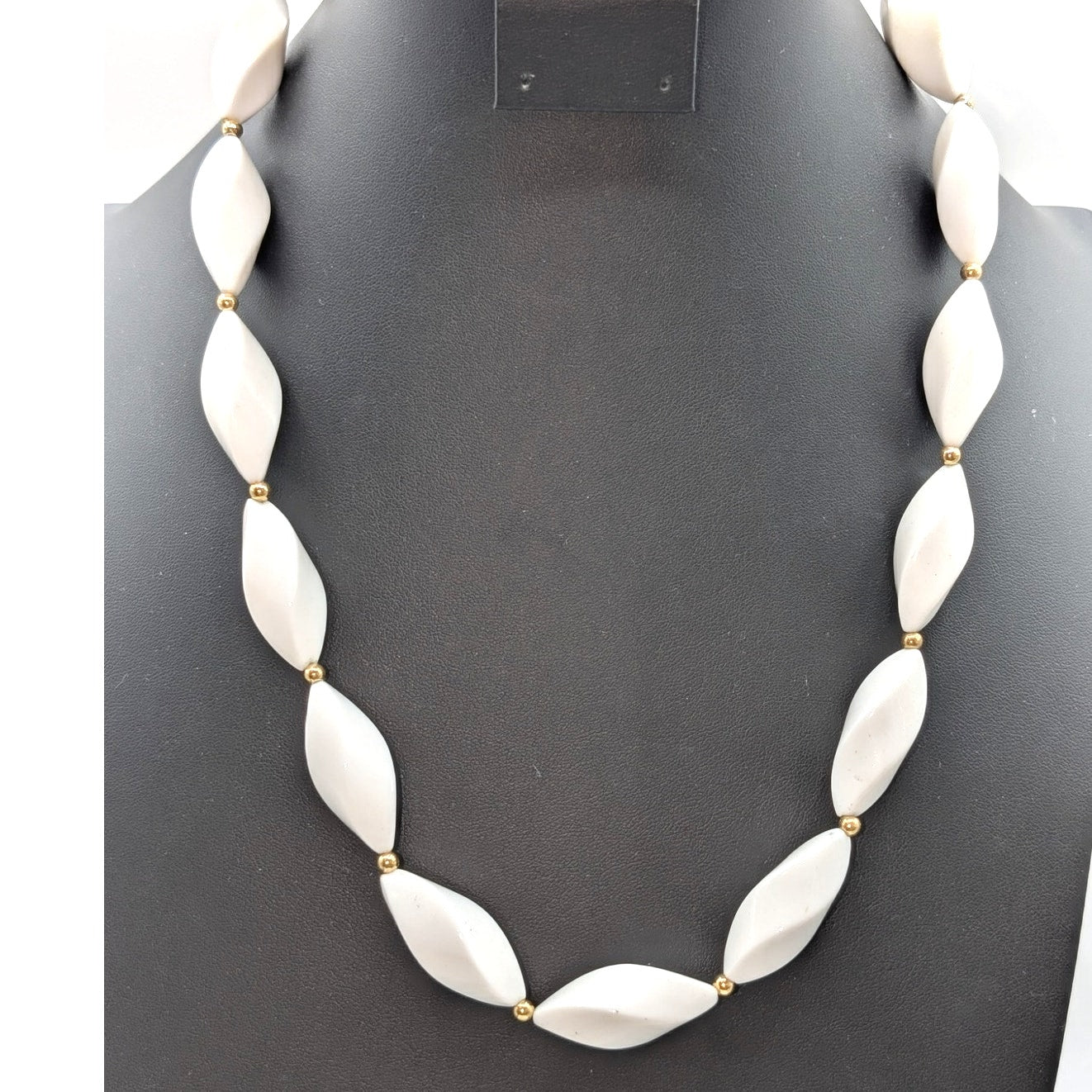 Vintage 70s Signed Trifari White Oblong Twisted Gold Bead 22" Necklace