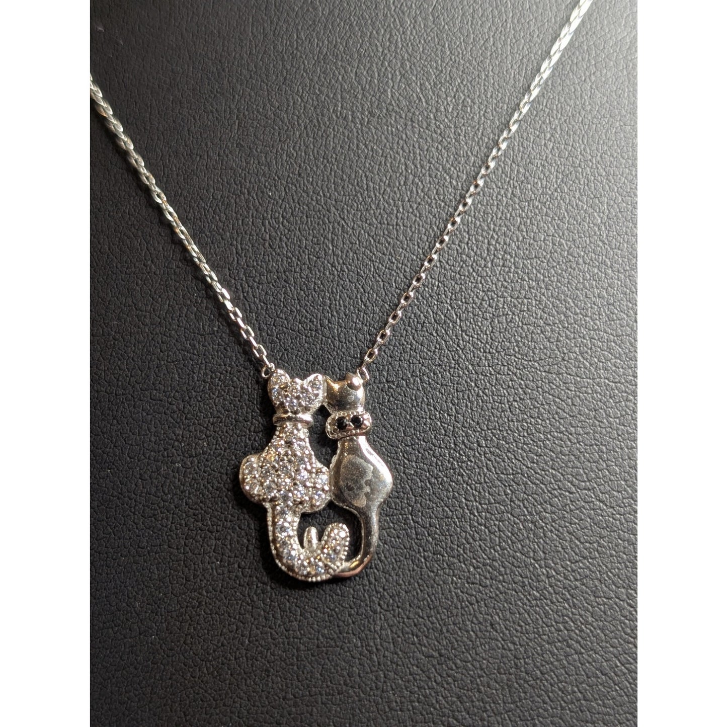 Dainty Twin Cats 925 Sterling Silver Crystal Pendant Chain 16"-18" Necklace