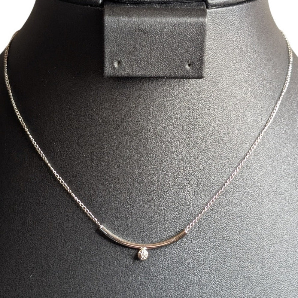 Vintage Artistry 925 Sterling Genuine Diamond Curved Bar 15.5" Necklace