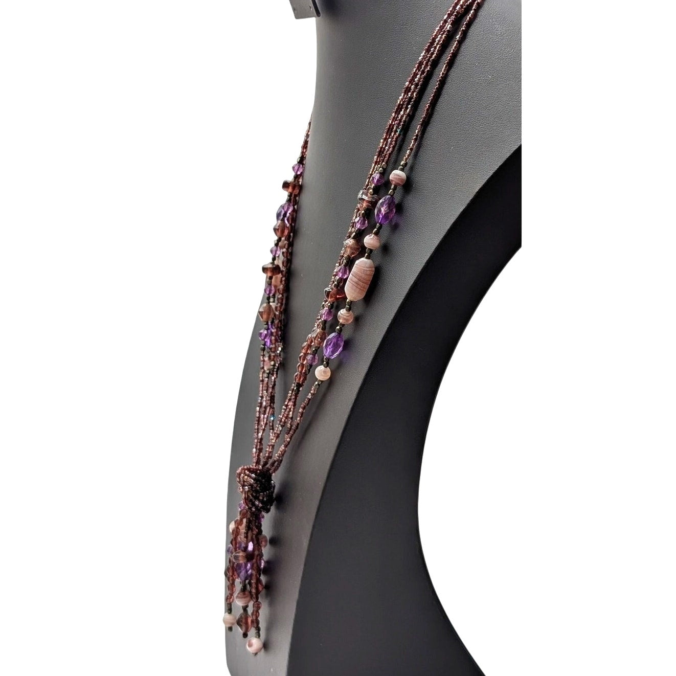 Purple Glass Bead Multi-Strand Tassel Fringe 24"-26.5" Necklace