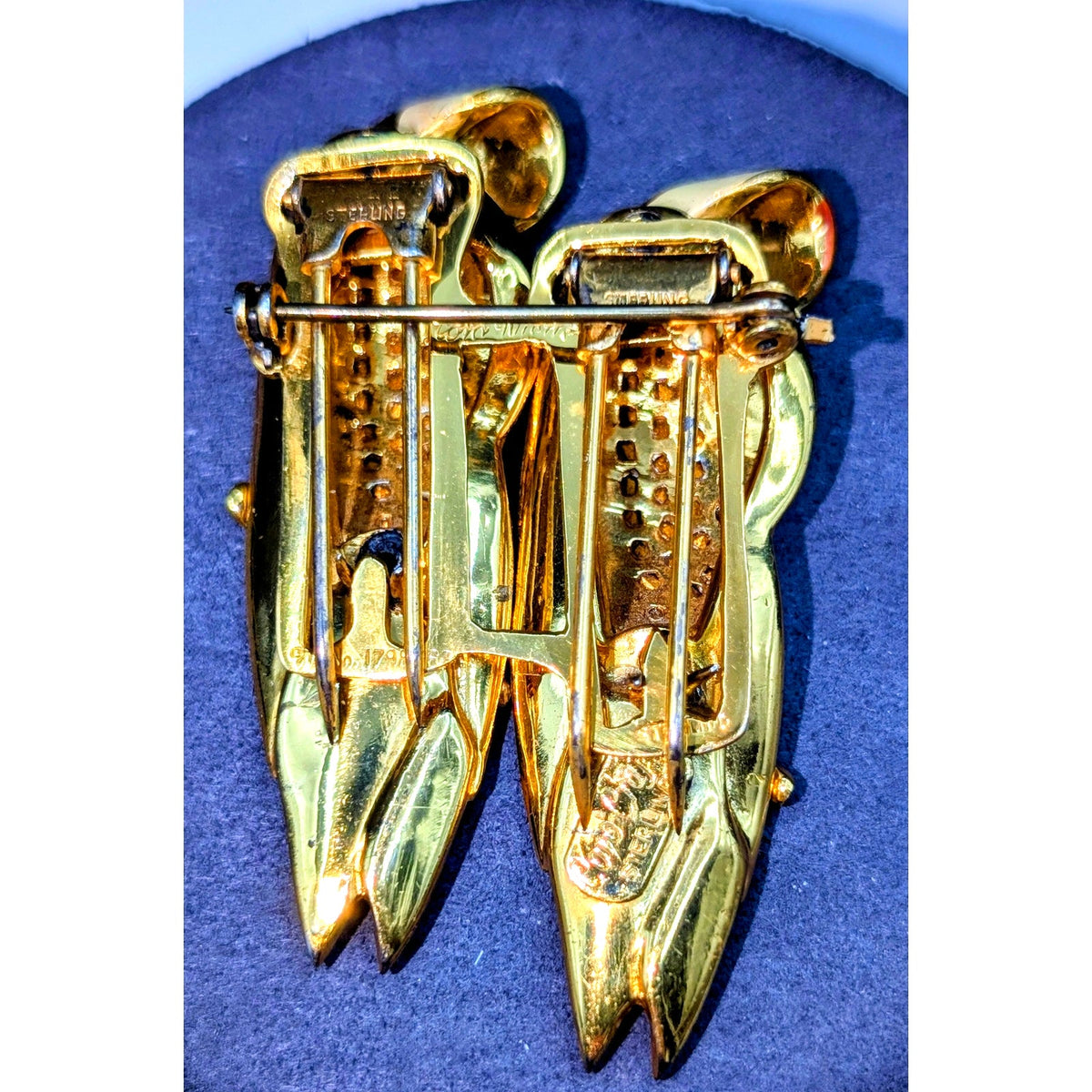 Corocraft Vtg Sterling Gold Pave Enamel Love Birds on Branch Duet Pins/Fur Clip