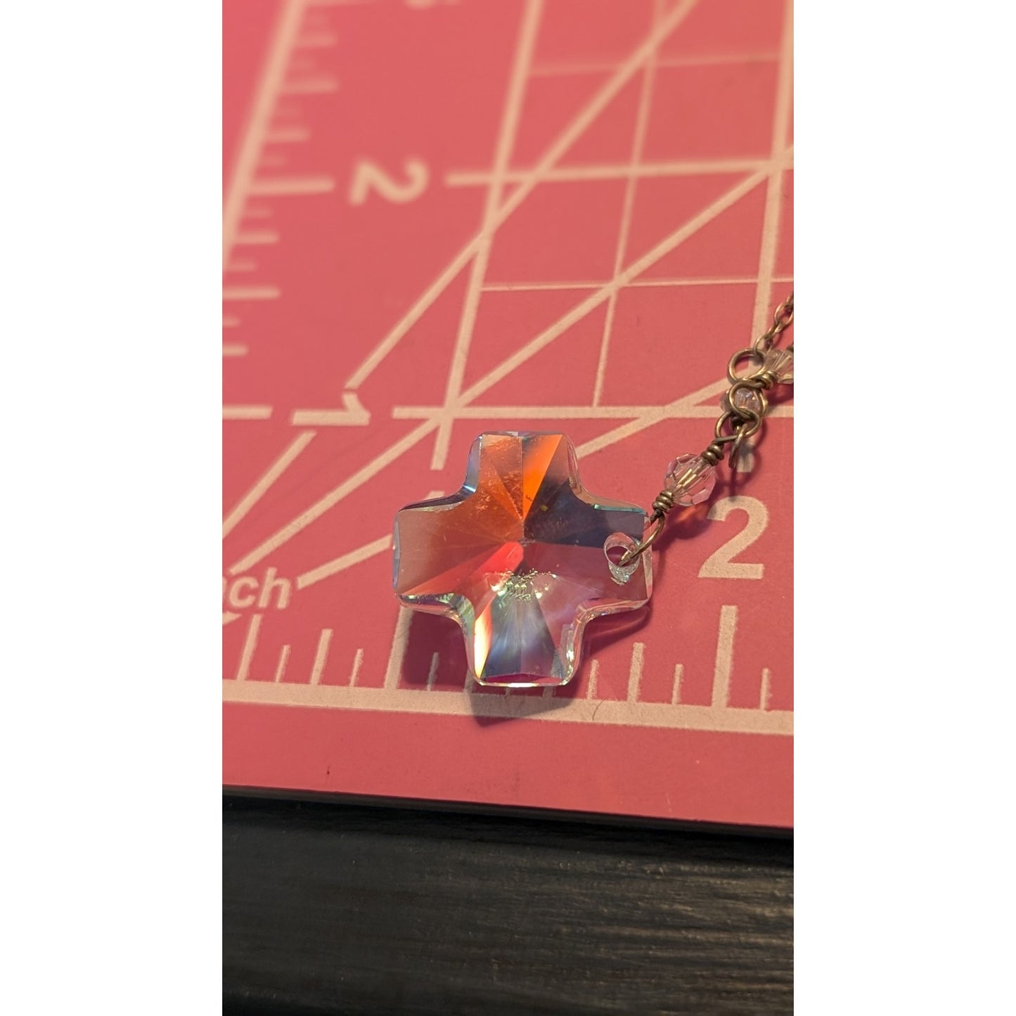 Crystal Prism Cross Pendant on Crystal Beaded 925 Sterling Chain