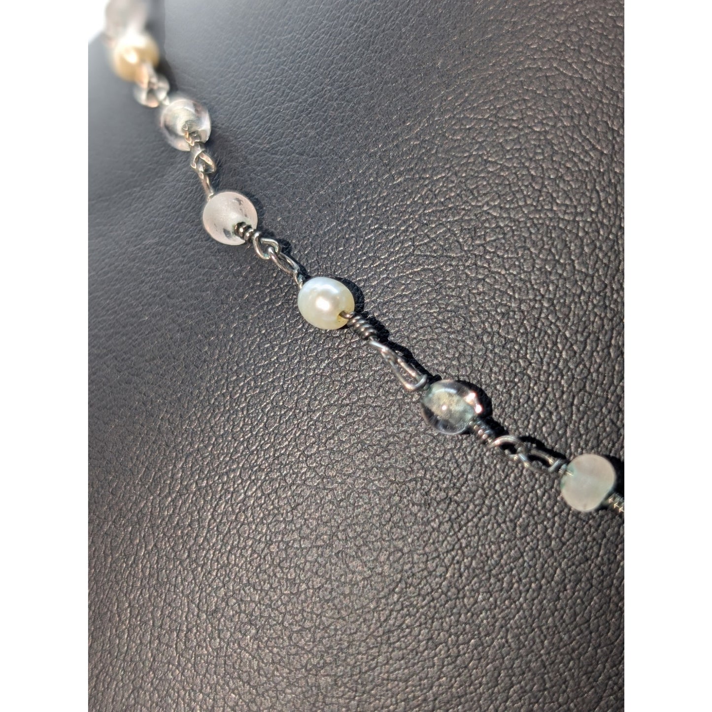 Vintage Silver Tone Glass Pearl Rosary Style Toggle Clasp Choker 16" Necklace