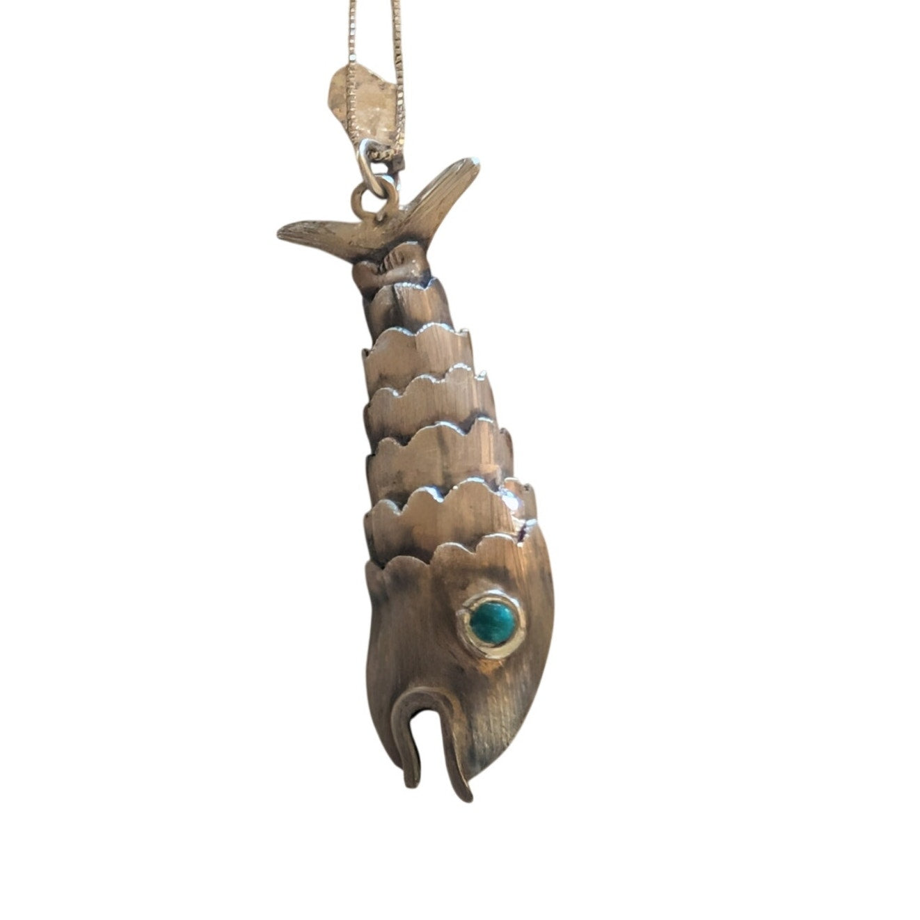 Taxco Mexico Sterling Turquoise Large Articulated Fish Pendant Chain Necklace