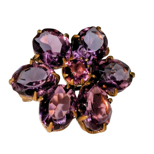 Antique Amethyst Glass Brass C-Clasp Flower Brooch