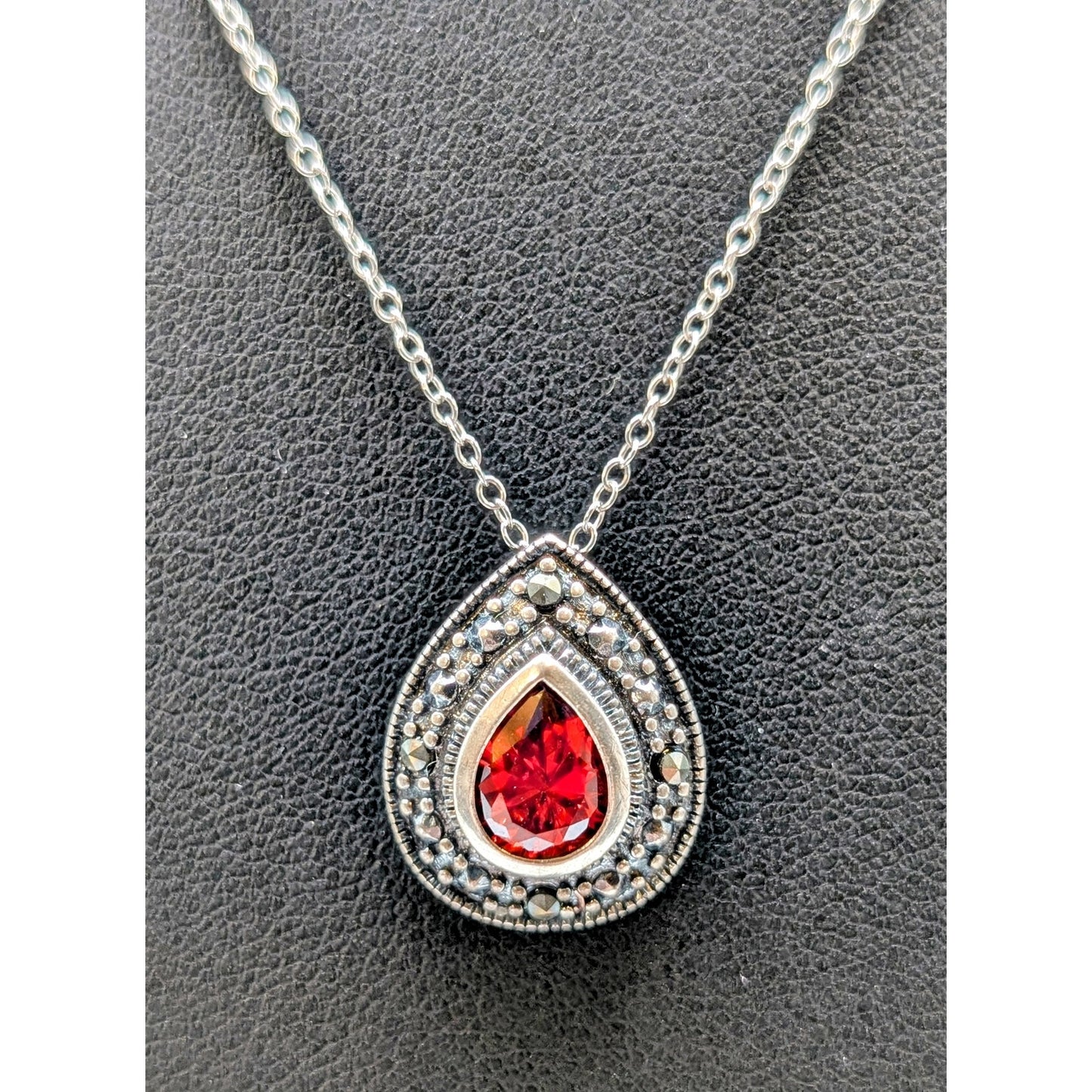 925 Sterling Bezel Set Red Faceted Crystal Teardrop Marcasite Surround Necklace