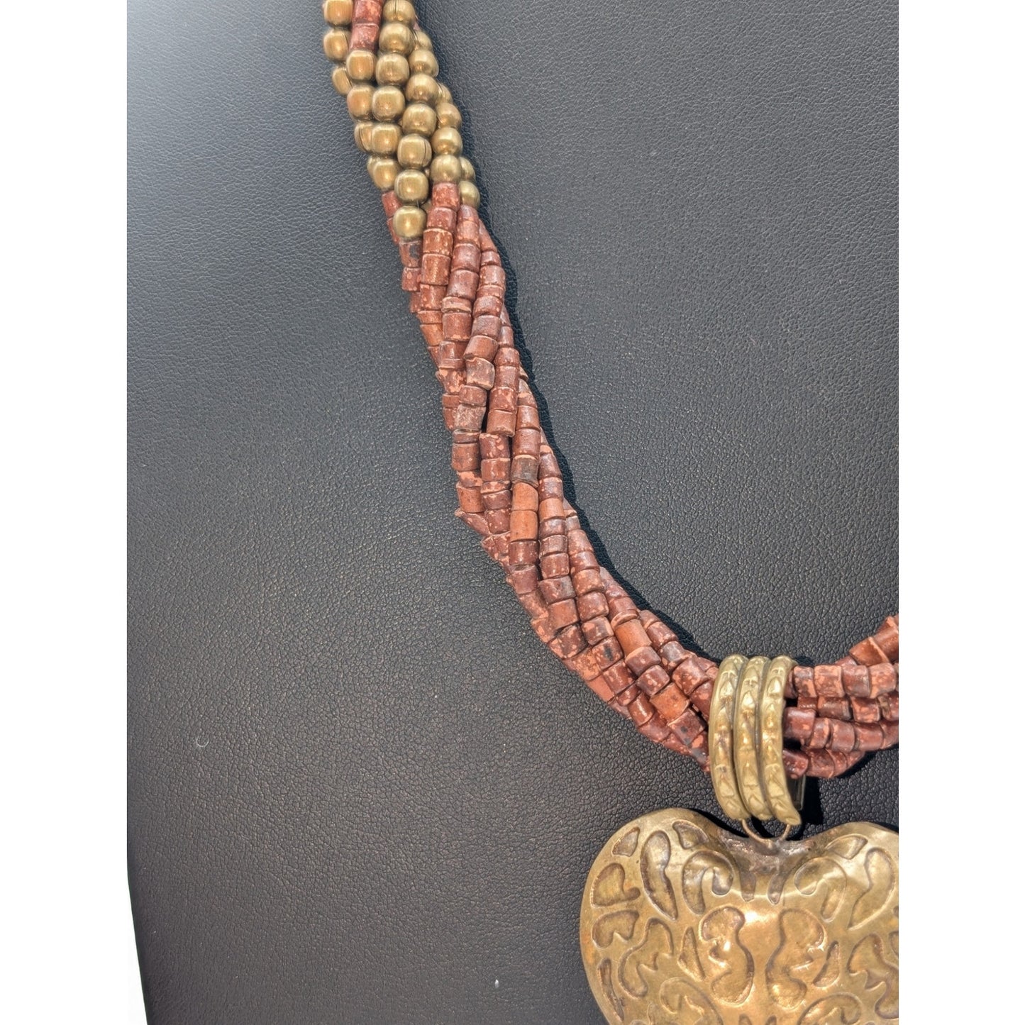 Vtg Twisted Multi-Strand Coconut Shell Brass Bead Embossed Brass Heart Necklace