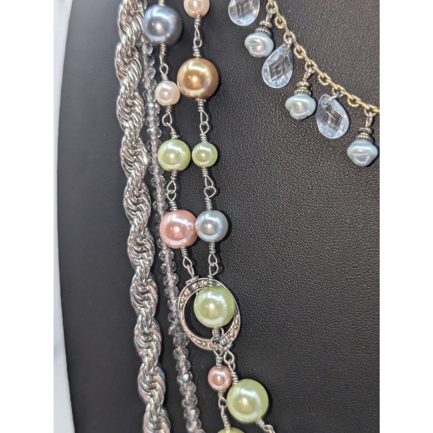 Lot of Four Faux Pearl Chain Crystal Silver Tone Necklaces