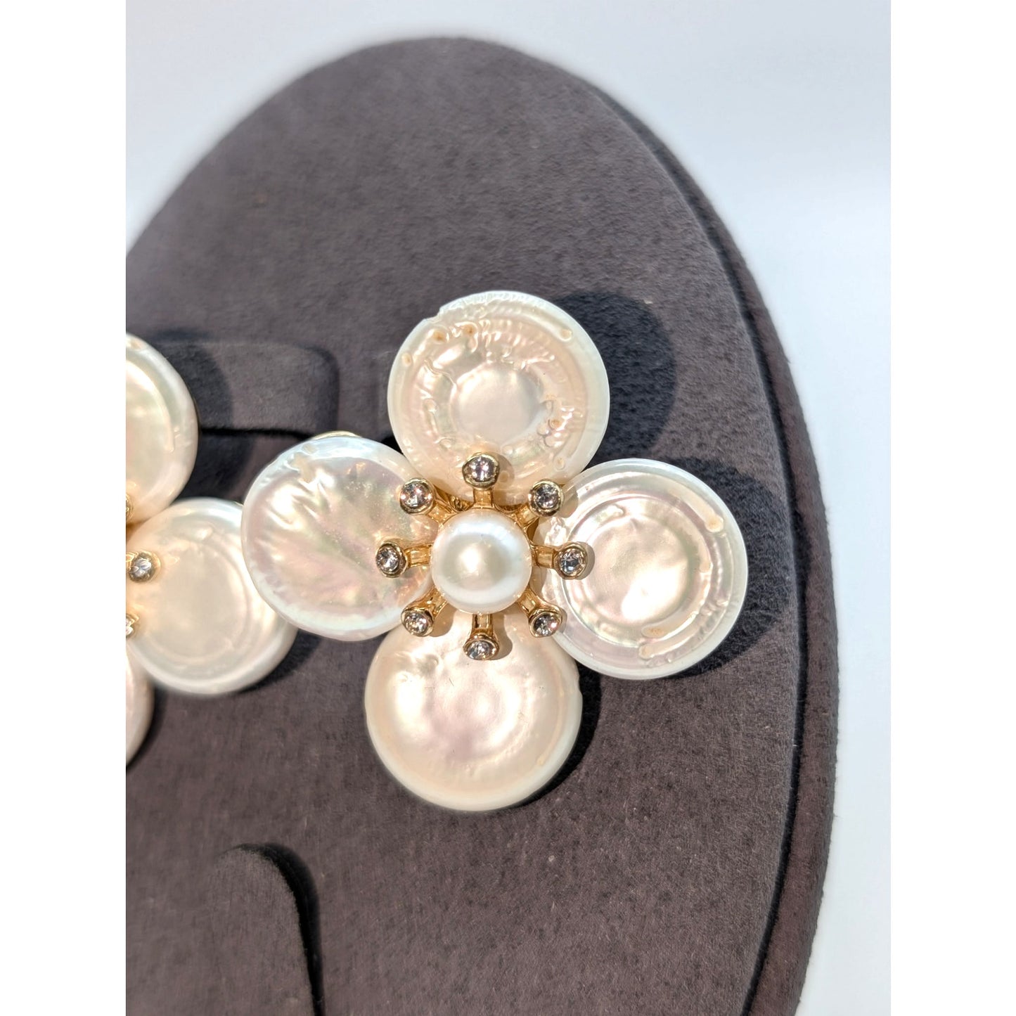 C & C California White Daisy Pearl Rhinestone Gold Tone Flower Earrings