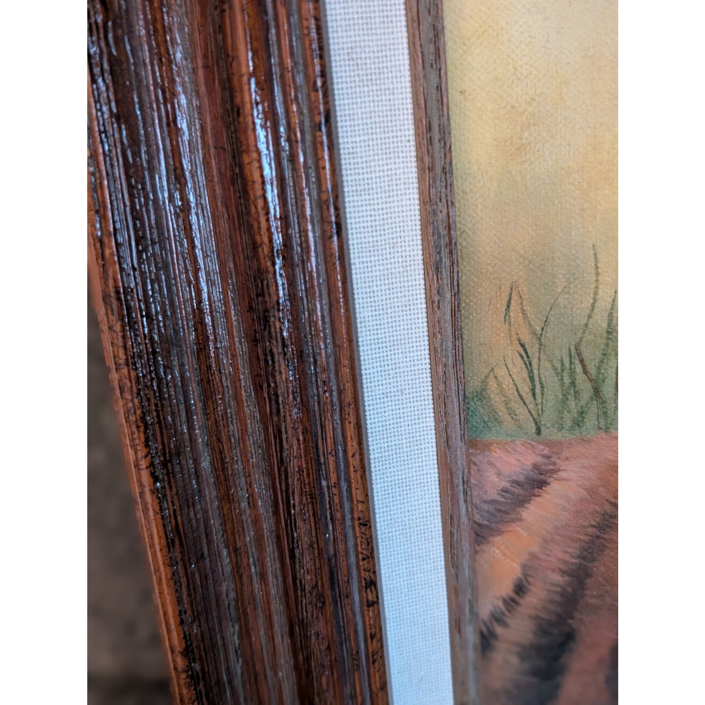 Vintage Original Wood Framed Tiger Painting on Canvas Signed Marianne