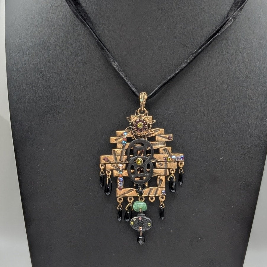Chico's Antiqued Gold Rhinestone Dangle Double Leather Corded 30" Necklace