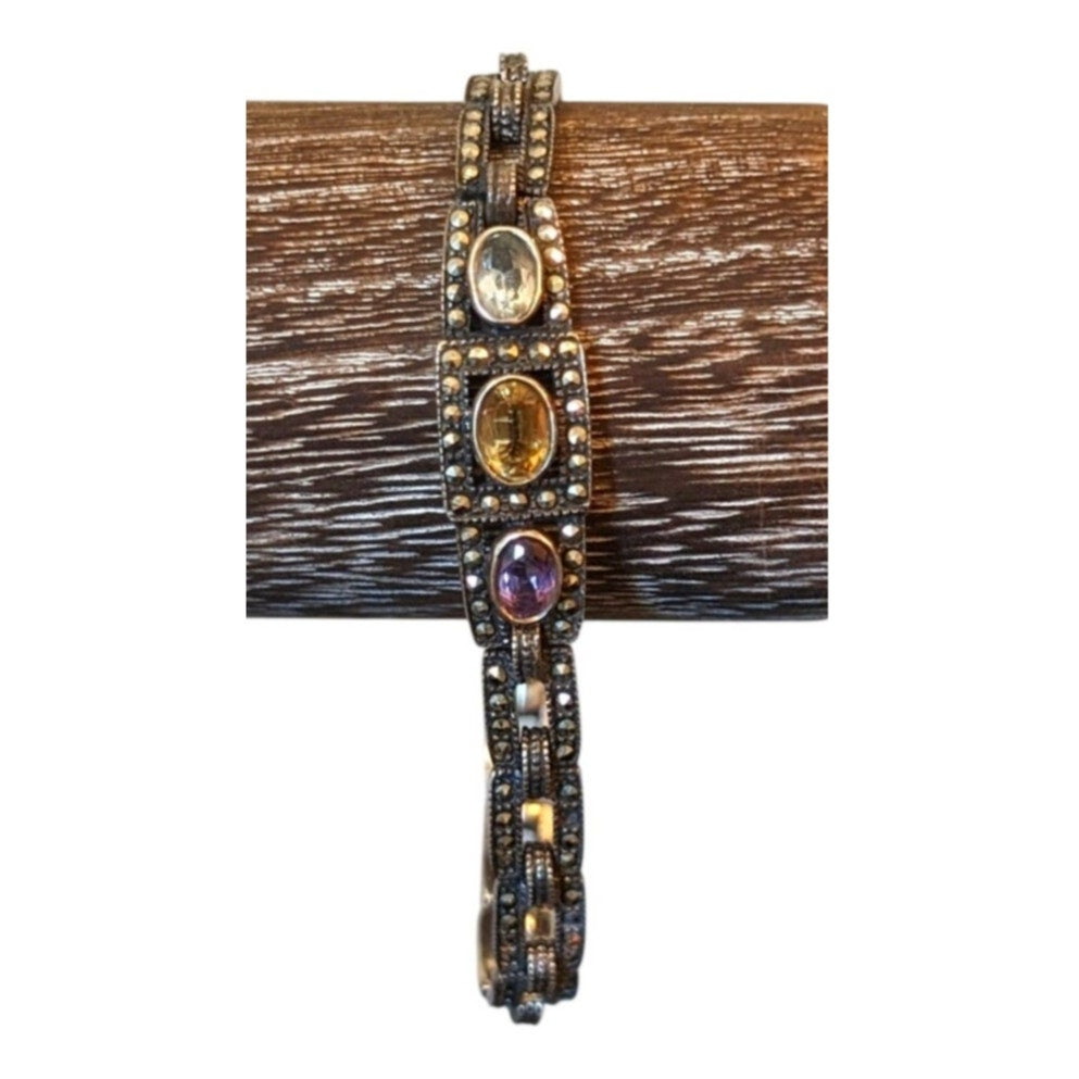 Vtg 7" Sterling Marcasite Amethyst Citrine Blue Topaz Fold Over Clasp Bracelet