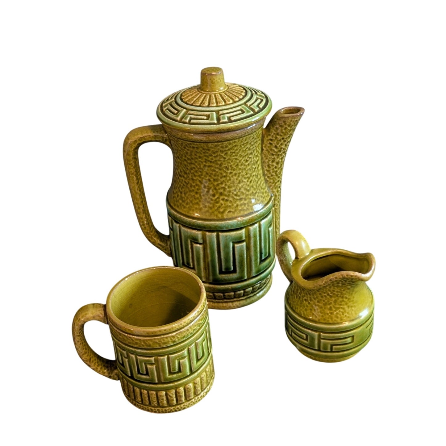 Vintage Royal Sealy Japanese Olive Green Tea Pot Creamer & Mug Set