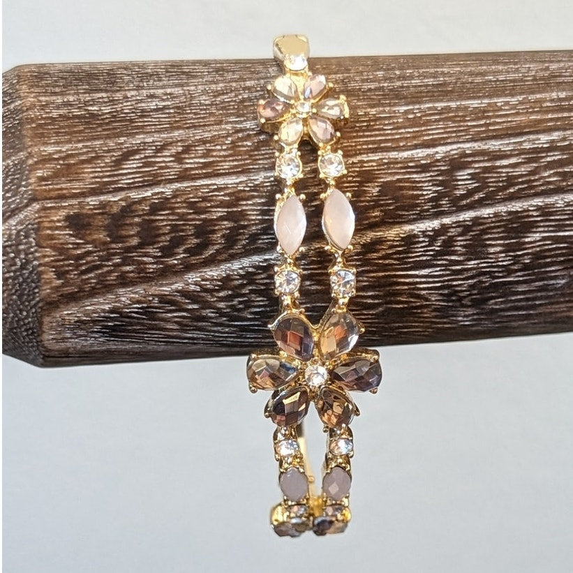 Anne Klein Gold Tone Crystal Floral Oval Bangle Bracelet