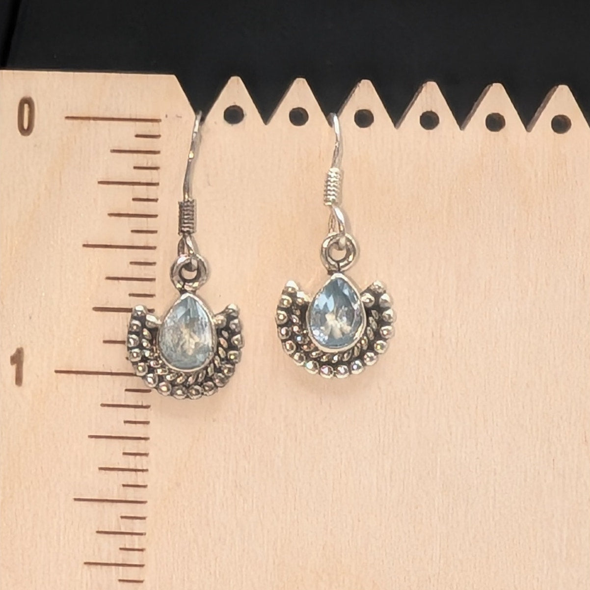 Vintage 925 Sterling Silver Blue Topaz Fan Dangle Earrings