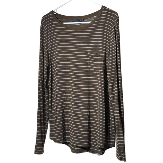 Prana Brown Striped Crew Neck Chest Pocket Long Sleeve Jersey Women's Size M