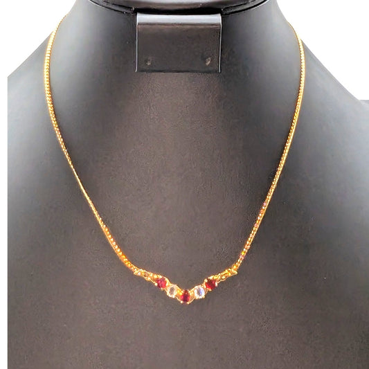 Vintage Center 'V' Red & Clear Glass Stone Gold Tone Chain 16"-18" Necklace