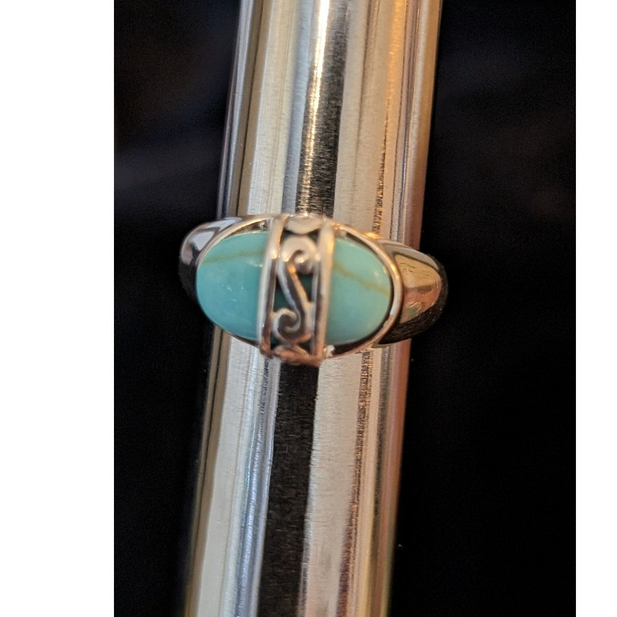 Filigree Overlaid Turquoise Marked 925 Sterling PD Ring Size 4.5