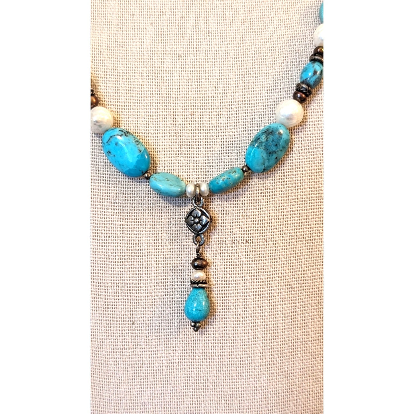 Barse Turquoise Pearl & Mother of Pearl Beaded Dangle 925 Sterling Necklace