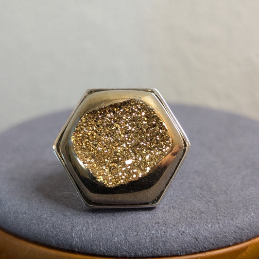Chunky Hexagon Gold Druzy Quartz Two Tone Sterling Silver Ring Size 8