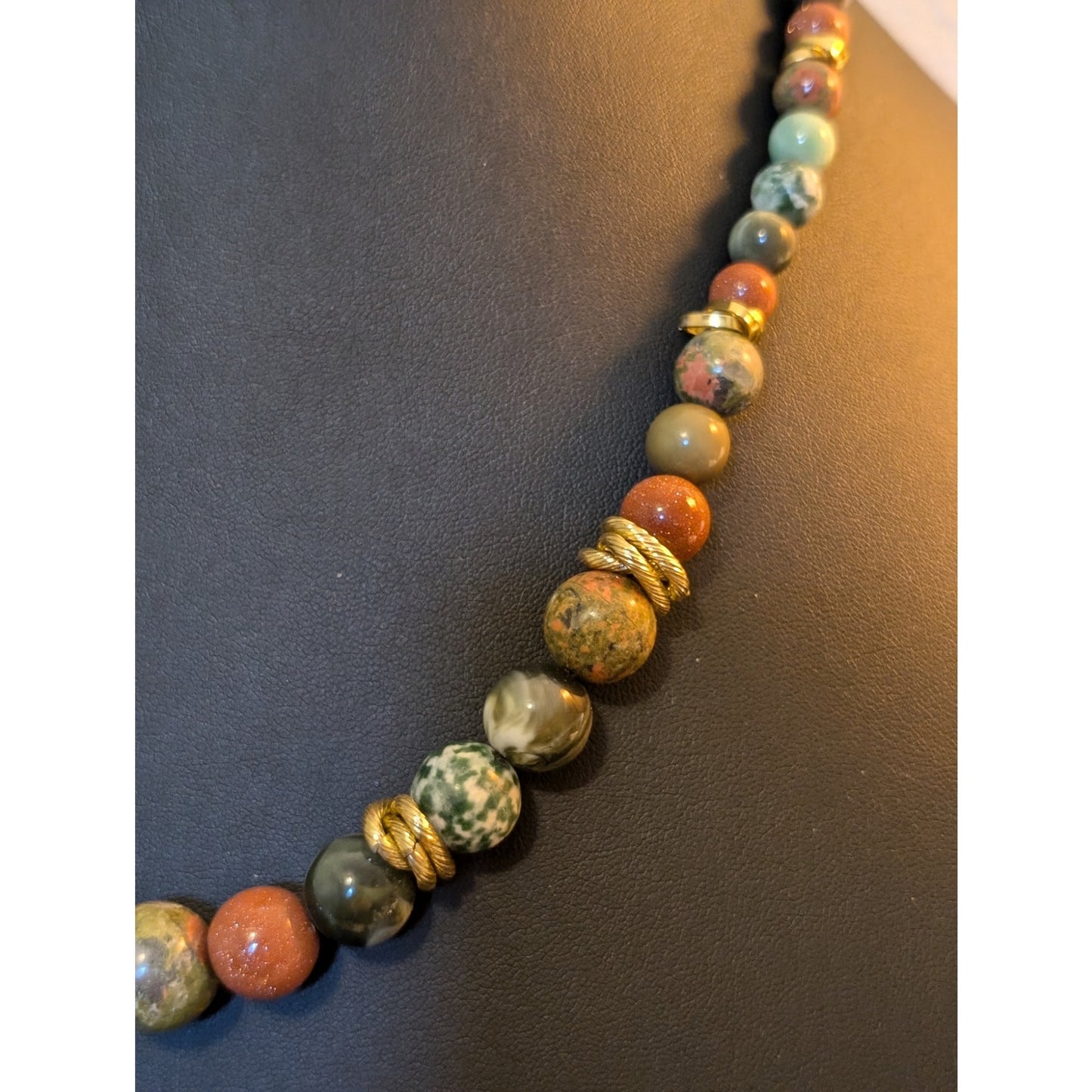 Vintage Rhodonite & Gold Stone Multi-Gemstone Graduated 18.5" - 21.5" Necklace