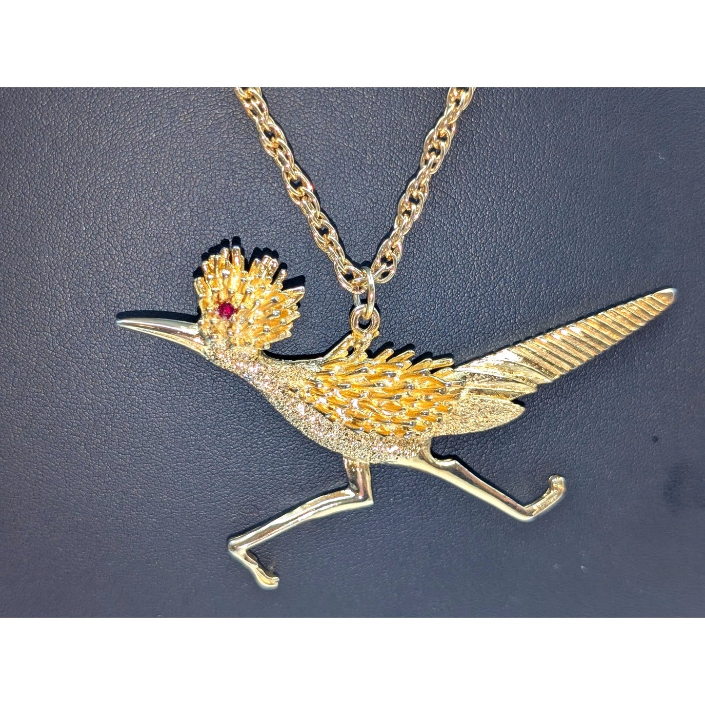 Roadrunner Circa 1970 Chunky Gold Plated On the Run Roadrunner Pendant Necklace