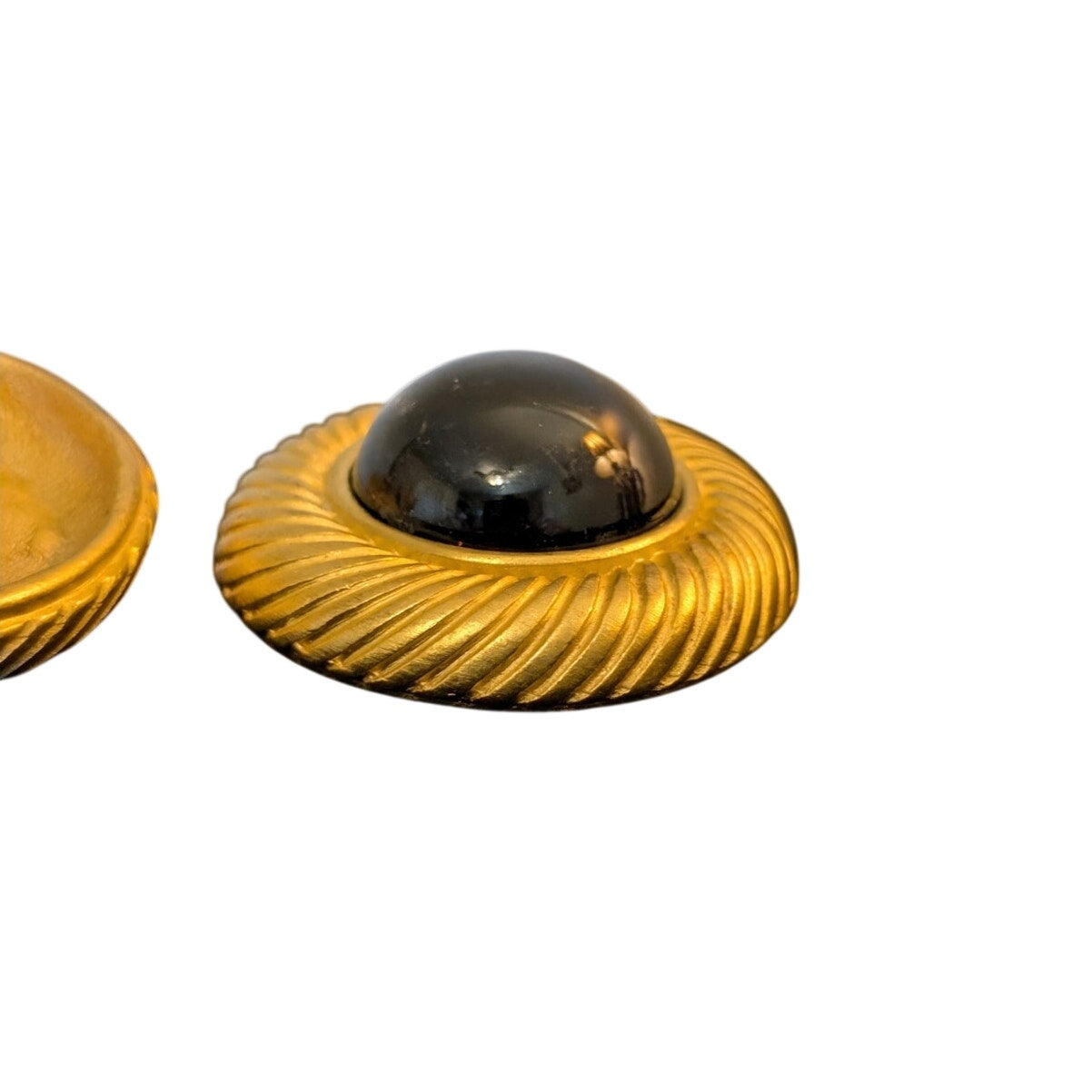 Vintage Large Gold Tone Swirl Black Cabochon Button Clip On Earrings